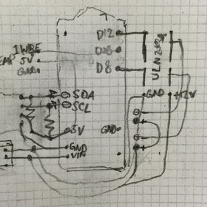 Electronics schematic: using Arduino Nano clone, ULN2003A for driving the motors, I2C vacuum sensor, 1-Wire temperature sensor.