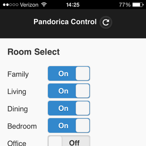 The Raspberry Pi serves a mobile web interface for controlling rooms and the sound system.